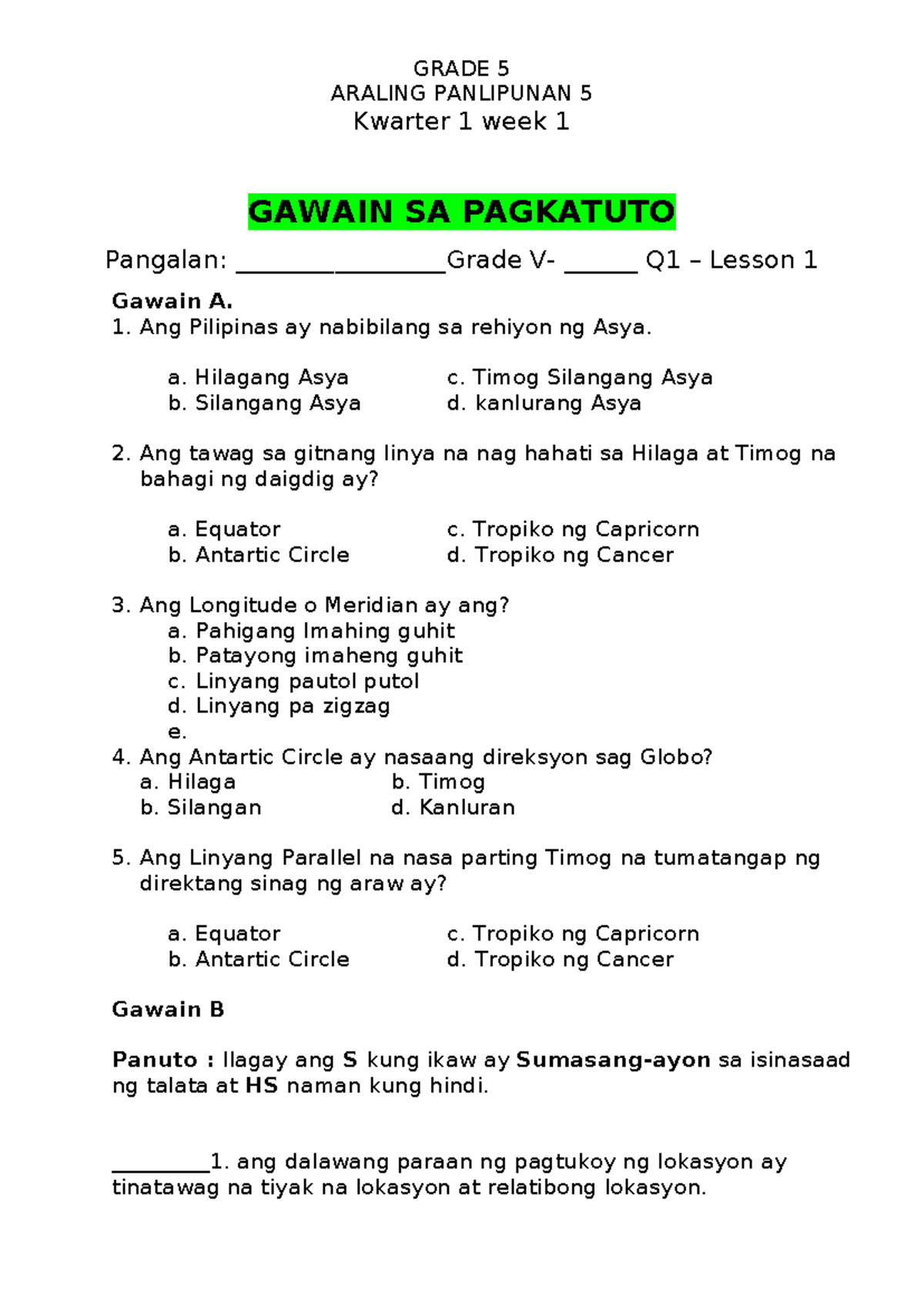 Activity sheet grade 5 AP Q1W1 - GRADE 5 ARALING PANLIPUNAN 5 Kwarter 1 ...