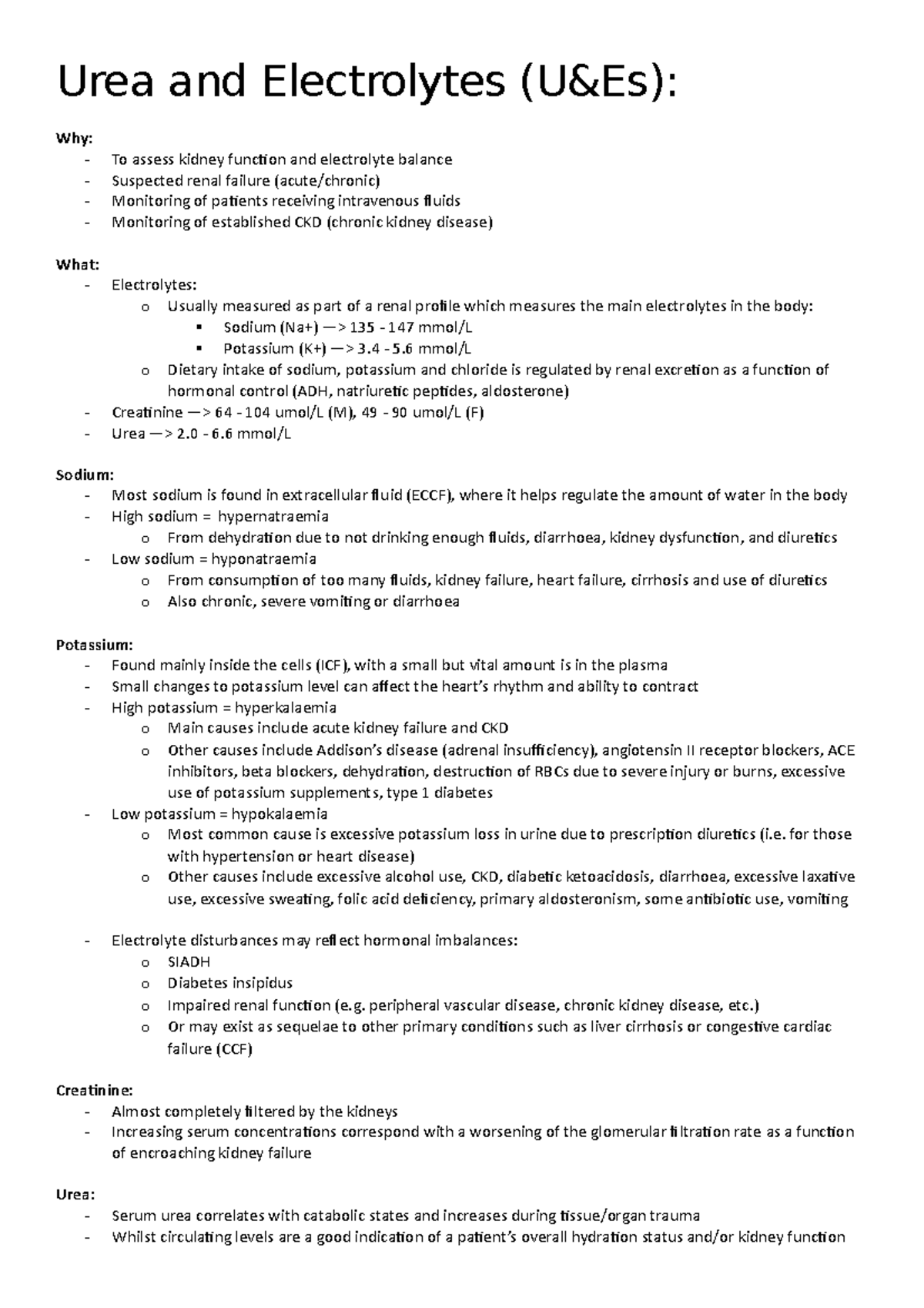 U&Es Summary of urea and electrolytes test and results Urea and