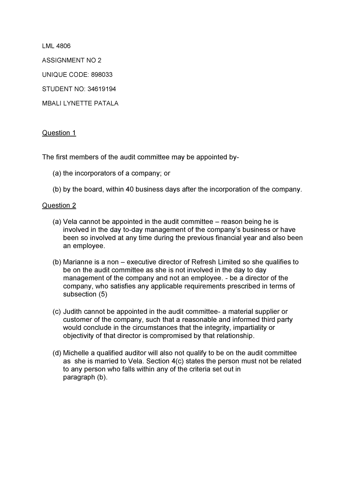 Company Law LML 4806 Assignment 2 - LML 4806 ASSIGNMENT NO 2 UNIQUE ...