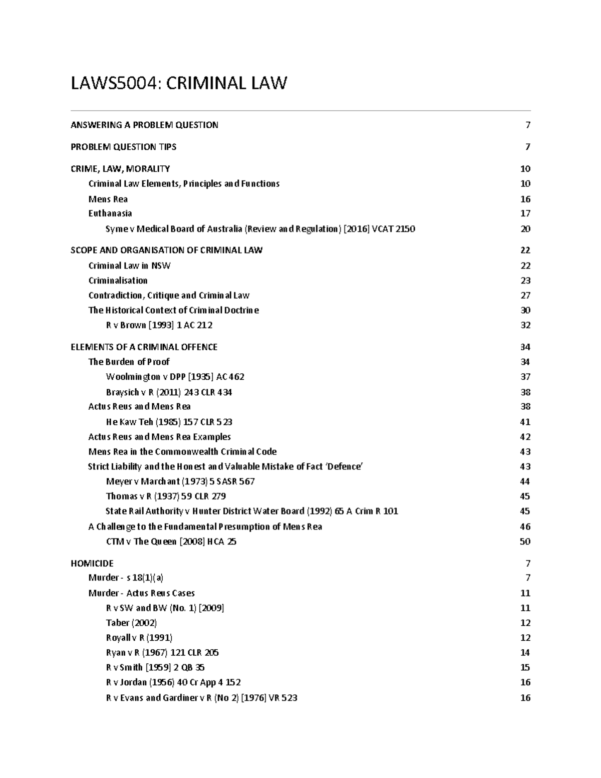 Case Summary Notes - LAWS5004: CRIMINAL LAW ANSWERING A PROBLEM ...