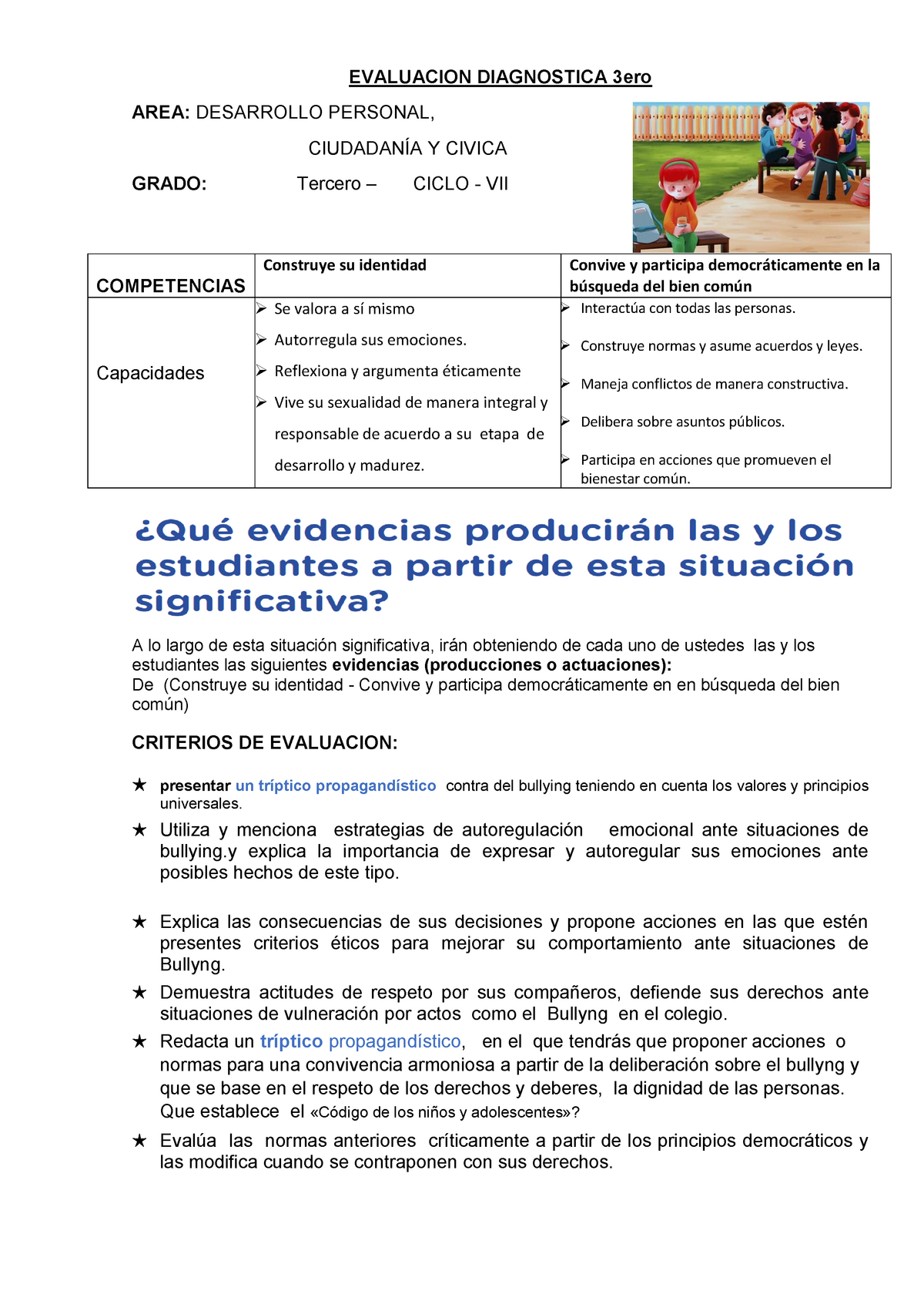 Evaluacion Diagnostica DPCC 3ERO DE SECUNDARIA - EVALUACION DIAGNOSTICA  3ero AREA: DESARROLLO - Studocu