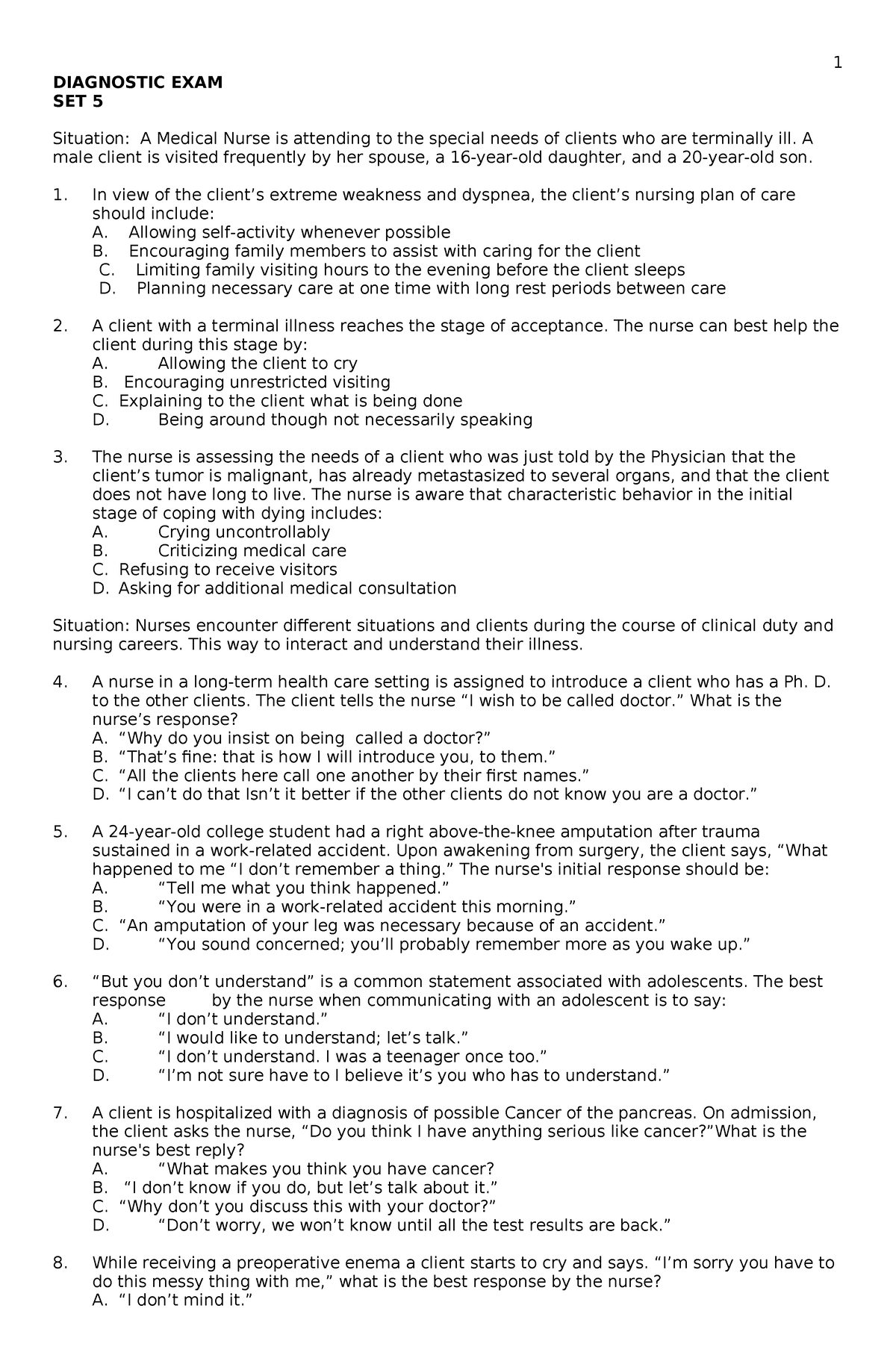 Diagnostic Exam 5 Student Copy - DIAGNOSTIC EXAM SET 5 Situation: A ...