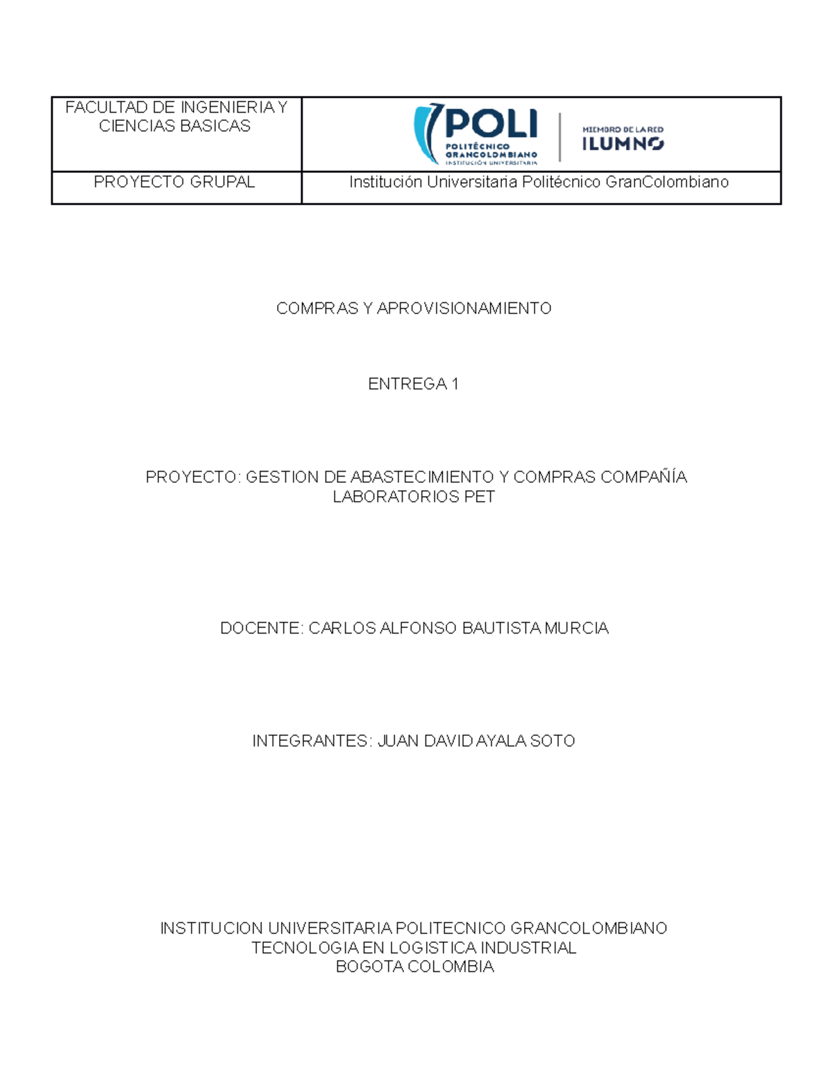 Entrega 1 compras y abastecimiento - FACULTAD DE INGENIERIA Y CIENCIAS ...