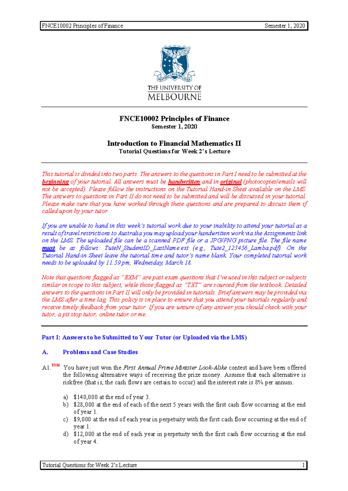 Tutorial 02 (LMS) - Tute - FNCE10002 Principles of Finance Semester 1 ...