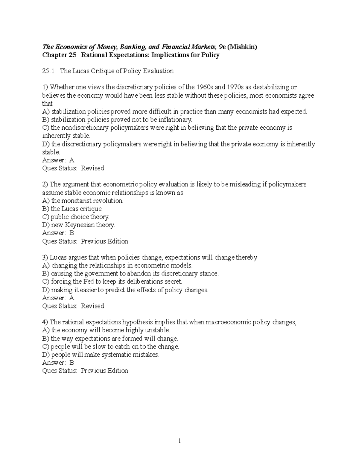 Chap25 - Chapter 25 Test Bank - The Economics Of Money, Banking, And ...