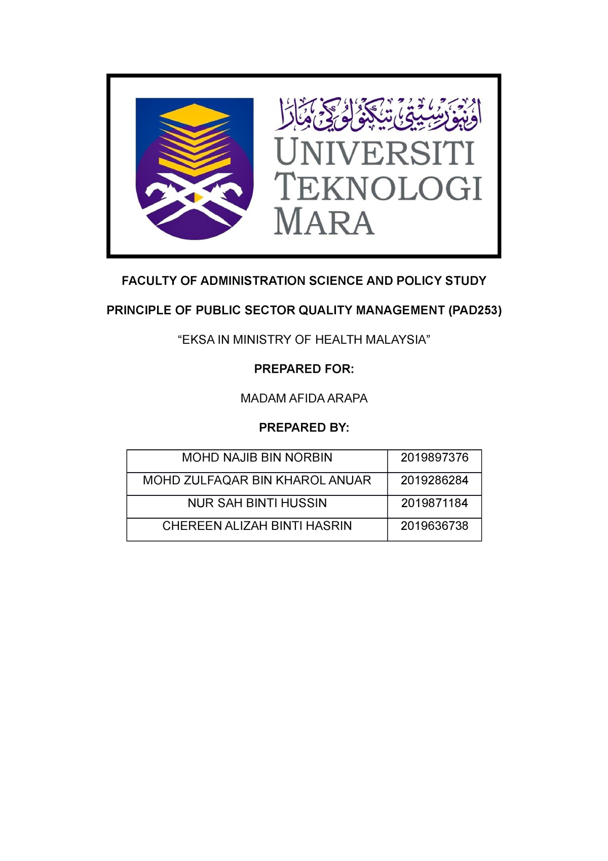 Faculty Of Administration Science And Policy Study Principle Of Public Sector Quality Management Studocu