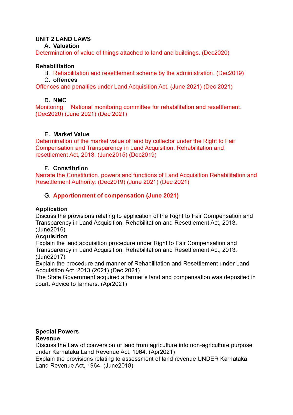 UNIT 2 LAND LAWS KSLU Q Papers - UNIT 2 LAND LAWS A. Valuation ...