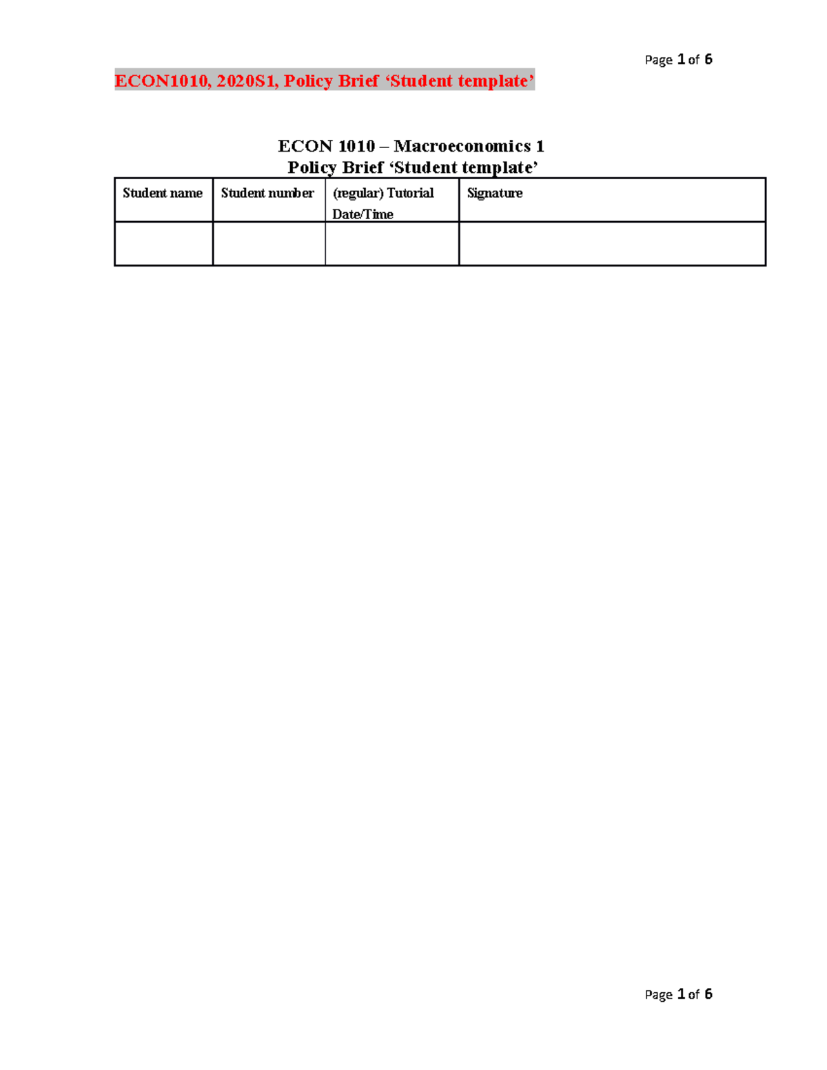 Policy Brief - Part A - ECON1010, 2020S1, Policy Brief ‘Student ...