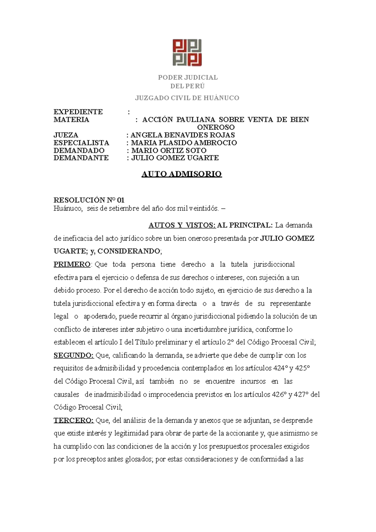 AUTO Admisorioo - Auto Admisorio - Acción Pauliana - PODER JUDICIAL DEL ...