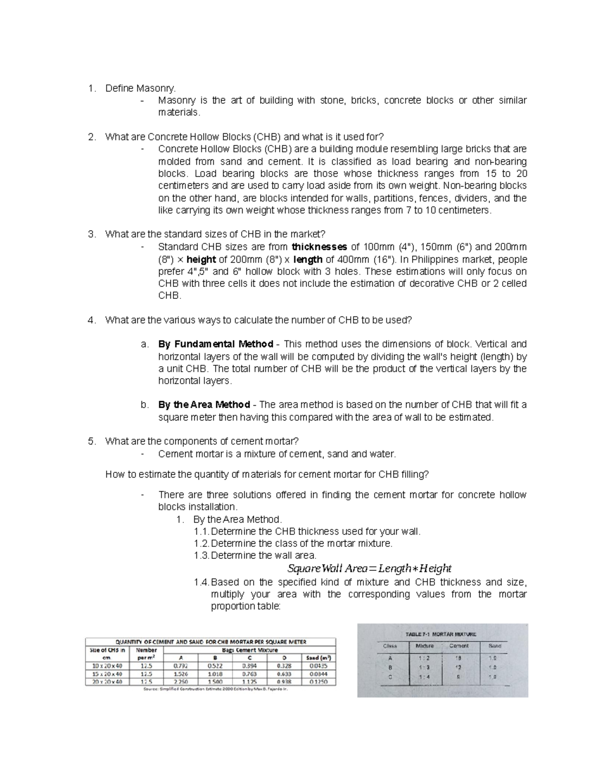 Materials - CHB - Study Guide for Masonry - 1. Define Masonry ...