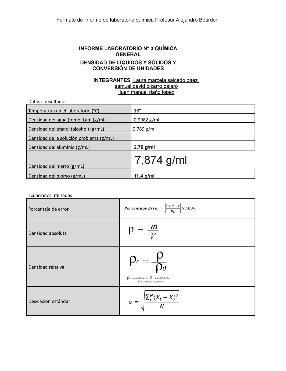 Formato Informe Práctica No 3 Qca General Densidad De Líquidos Y