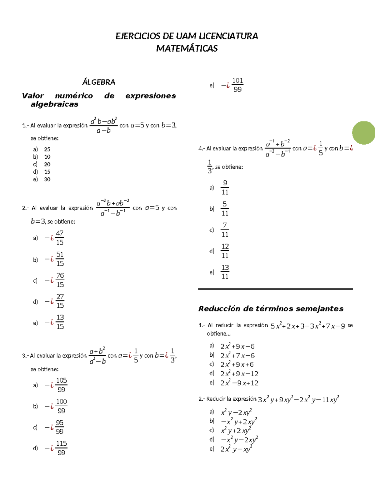 Ejercicios DE UAM Licenciatura - Matemáticas - Unidad 2 - Algebra ...