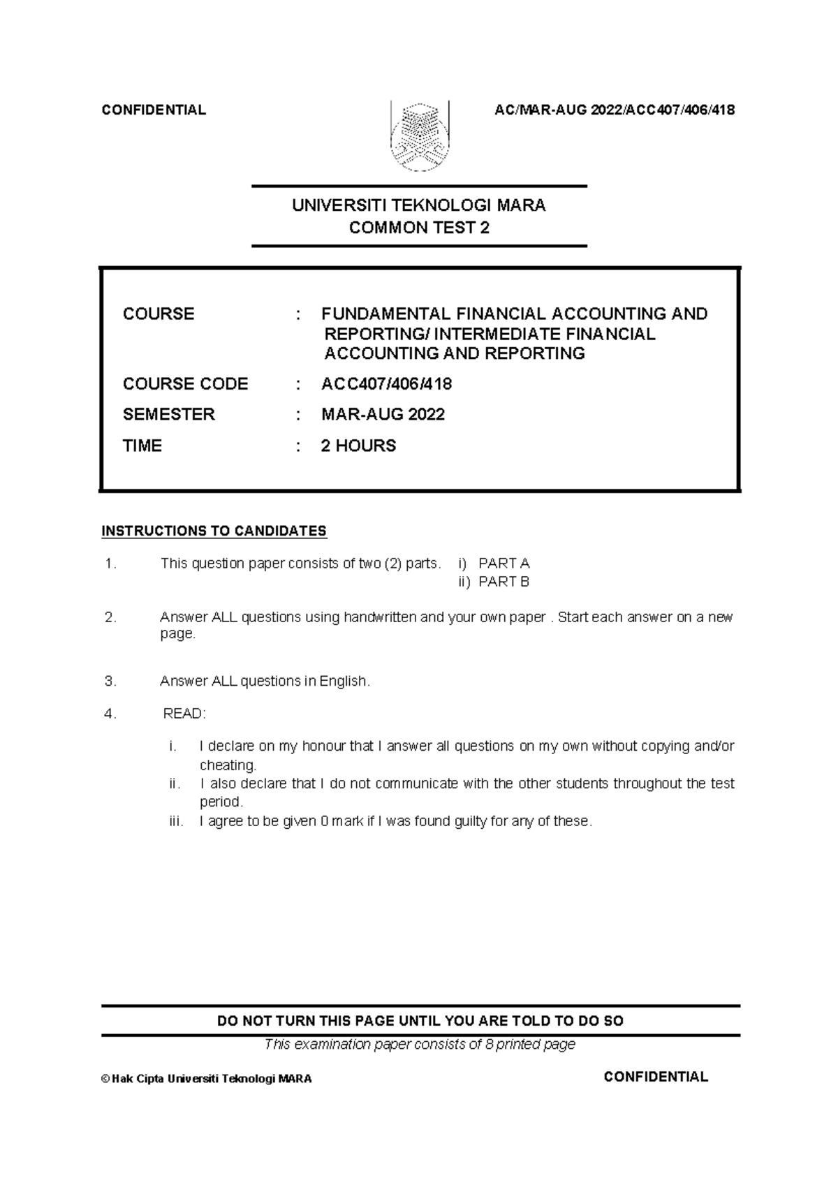Q TEST 2 ACC407 Q TEST 2 ACC407 UNIVERSITI TEKNOLOGI MARA COMMON