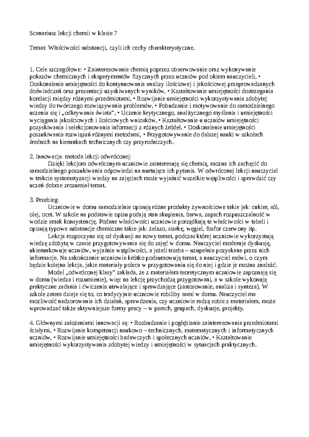 Scenariusz lekcji chemia - Cele szczegółowe: • Zainteresowanie chemią