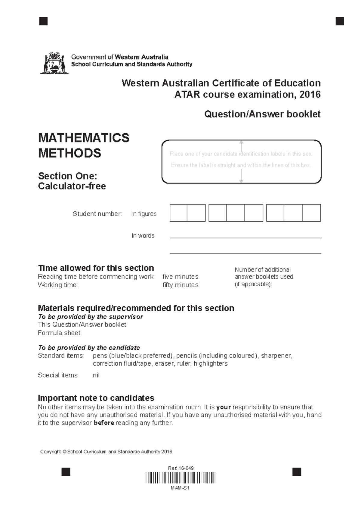 Mathematical Methods Exam Calc Free 2016 - Student number: In figures ...