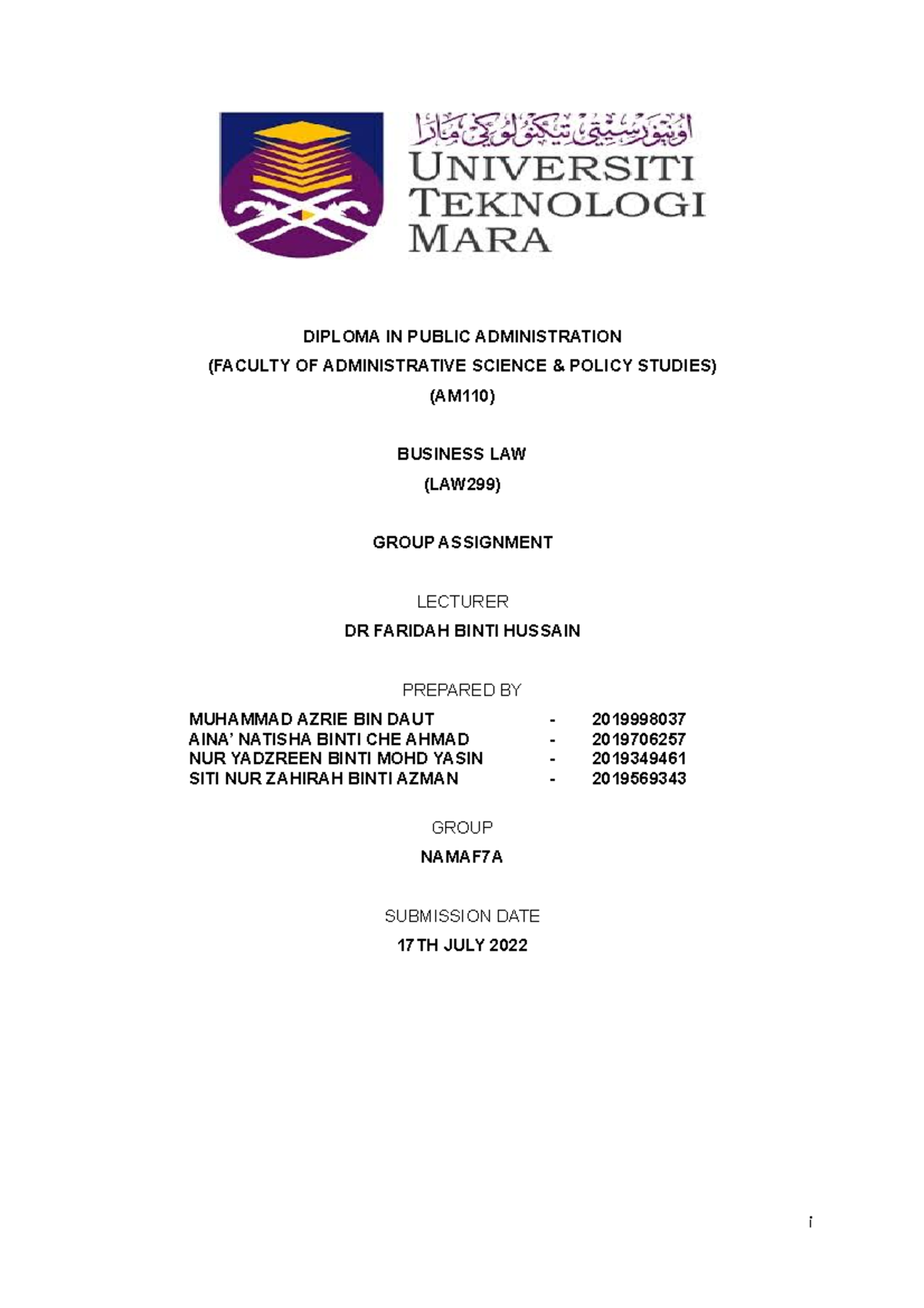 Namaf 7A group assignment - DIPLOMA IN PUBLIC ADMINISTRATION (FACULTY ...