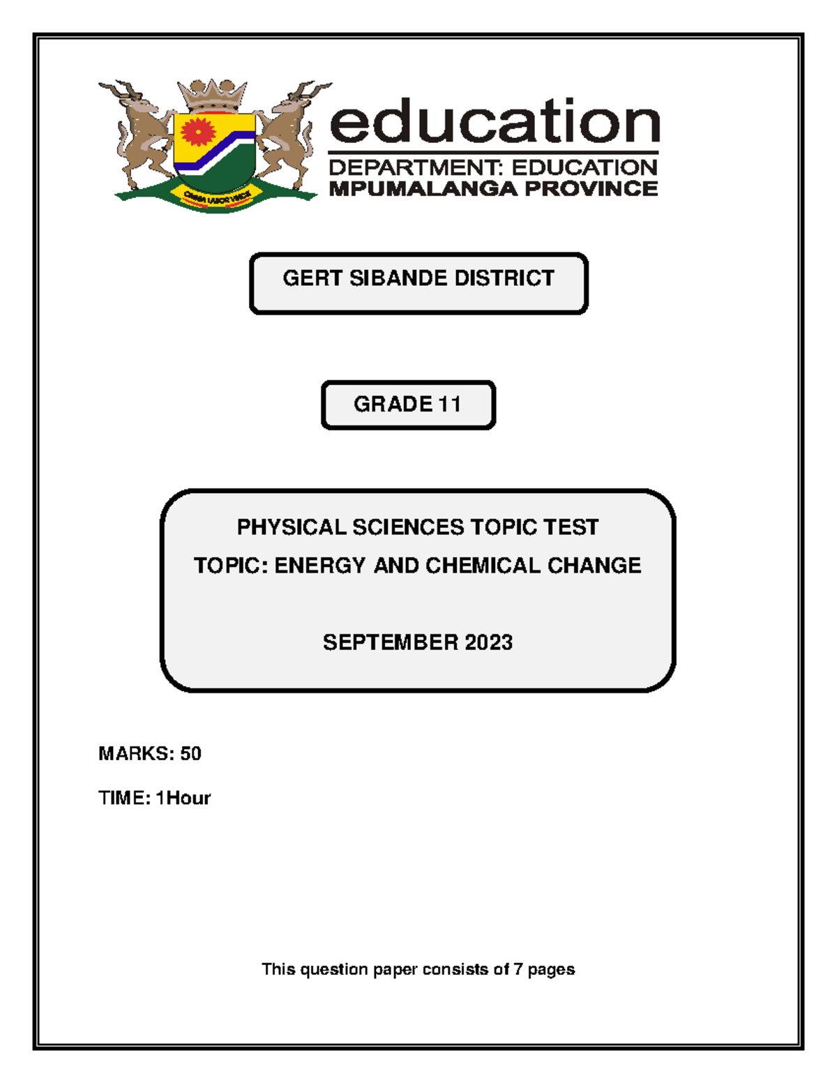 Topic TEST G11 QP ( Energy & Chemical Change 2023)(F) - MARKS: 50 TIME ...