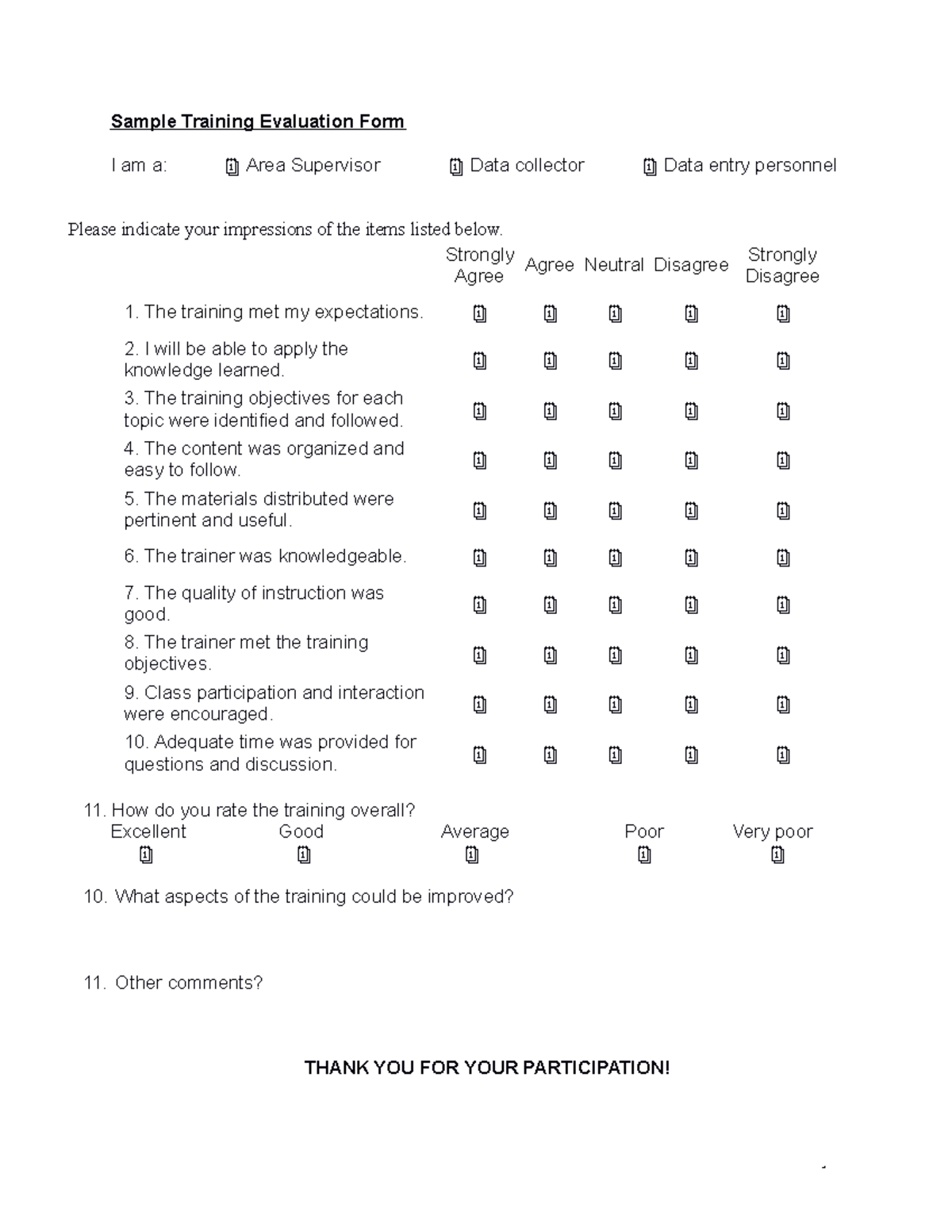 Sample Training Evaluation Form EN - Strongly Agree Agree Neutral ...