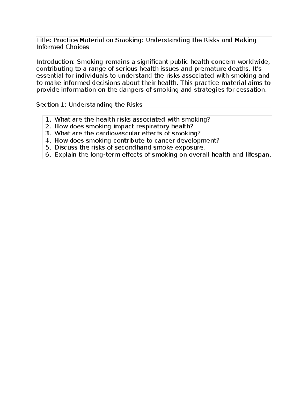 Practice Material on Smoking - It's essential for individuals to ...