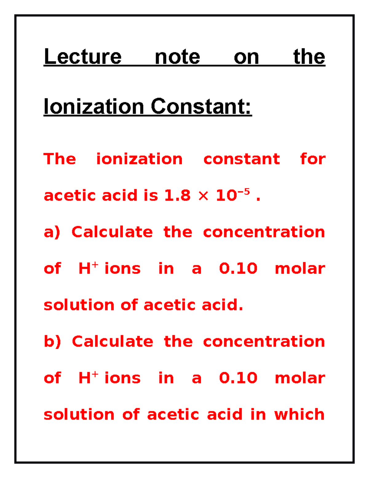 Lecture note on the Ionization Constant Lecture note on the