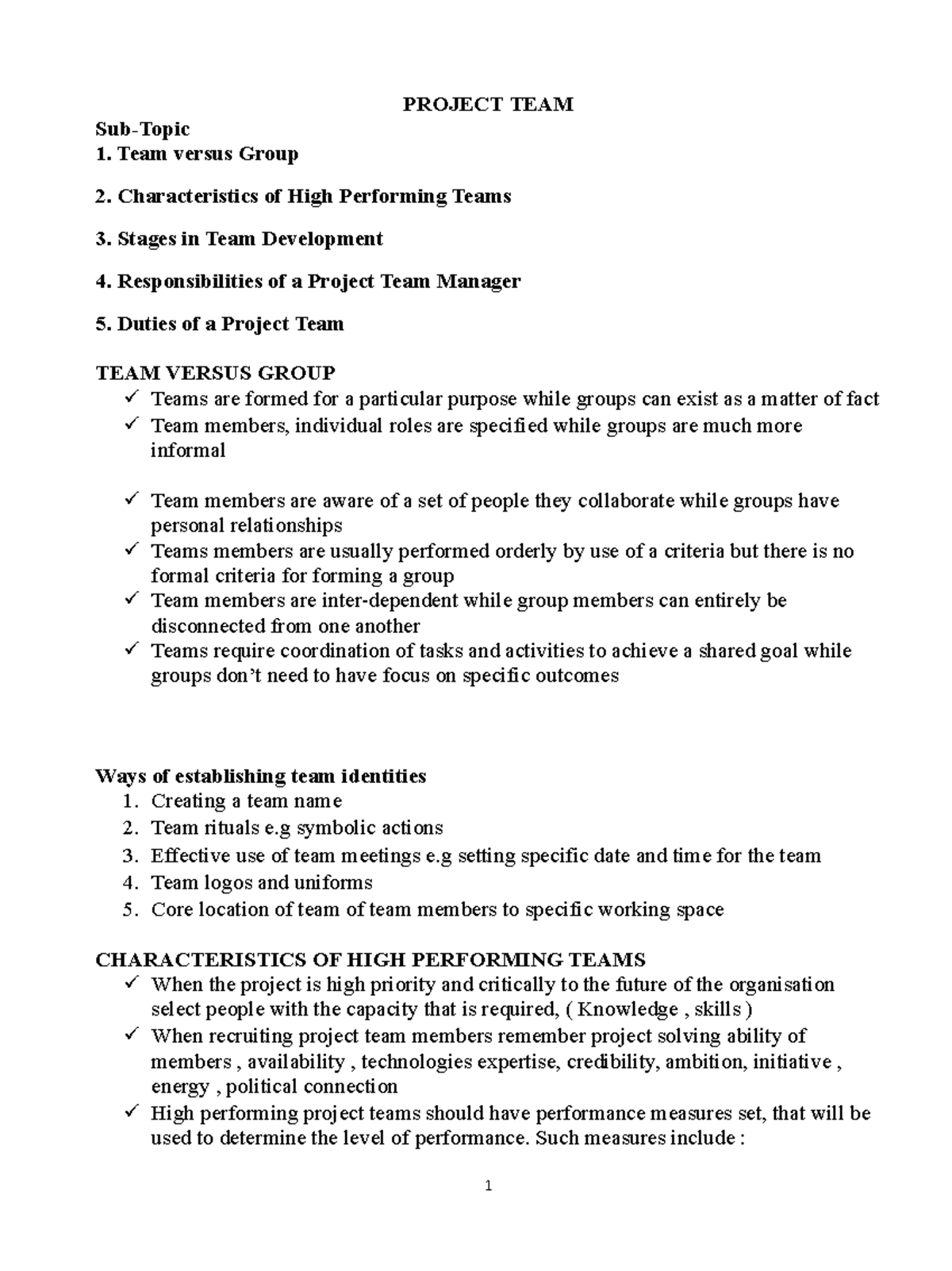 Project TEAM - PROJECT TEAM Sub-Topic Team versus Group Characteristics ...