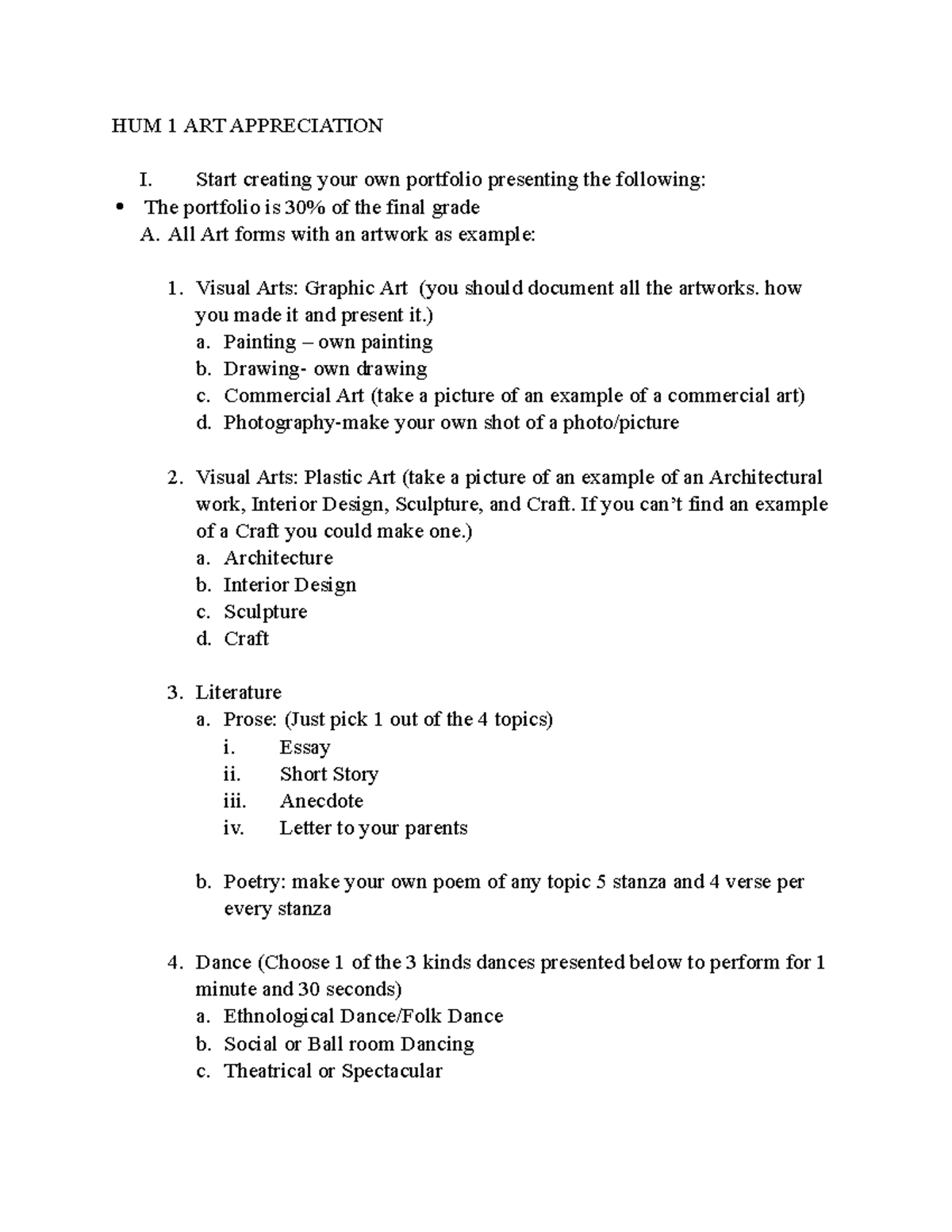 HUM 1 ART Appreciation HUM HUM 1 ART APPRECIATION I. Start creating