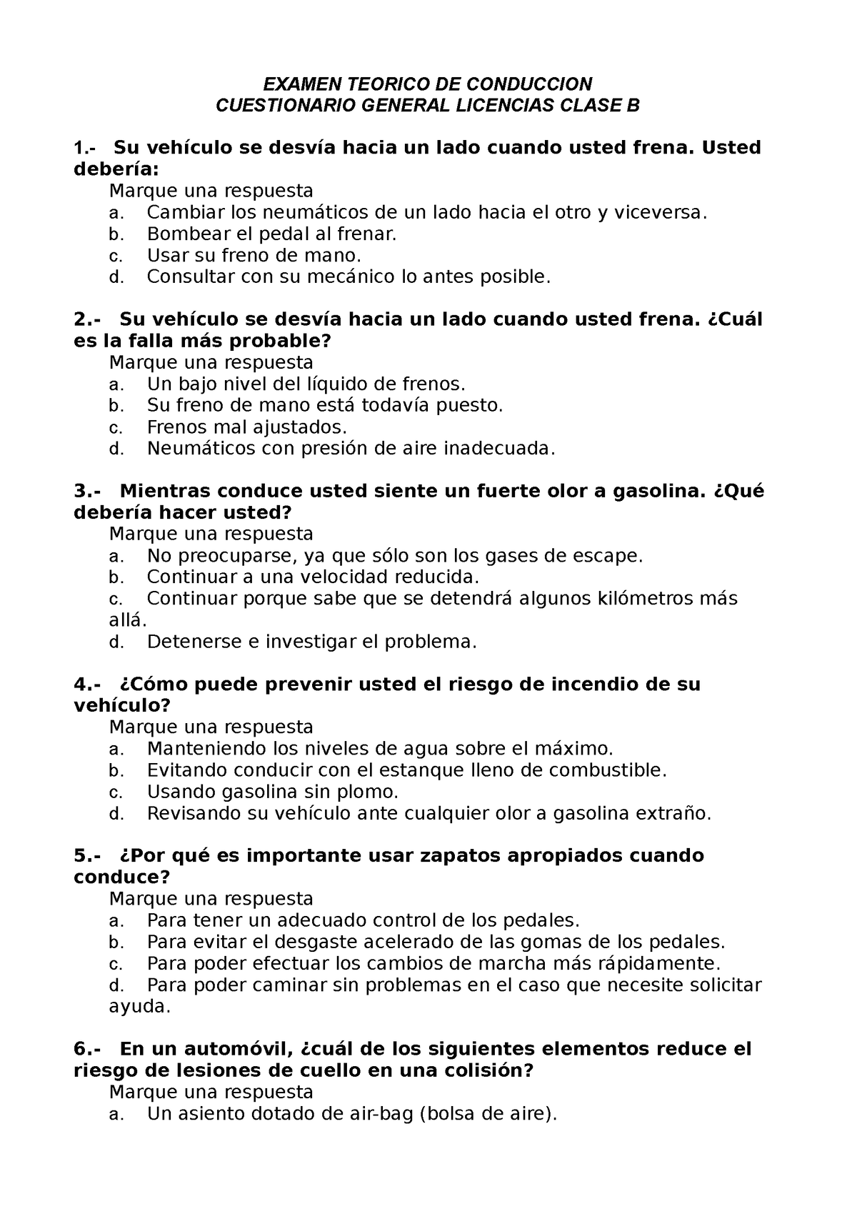 Cuestionario LEY Antigua - EXAMEN TEORICO DE CONDUCCION CUESTIONARIO ...