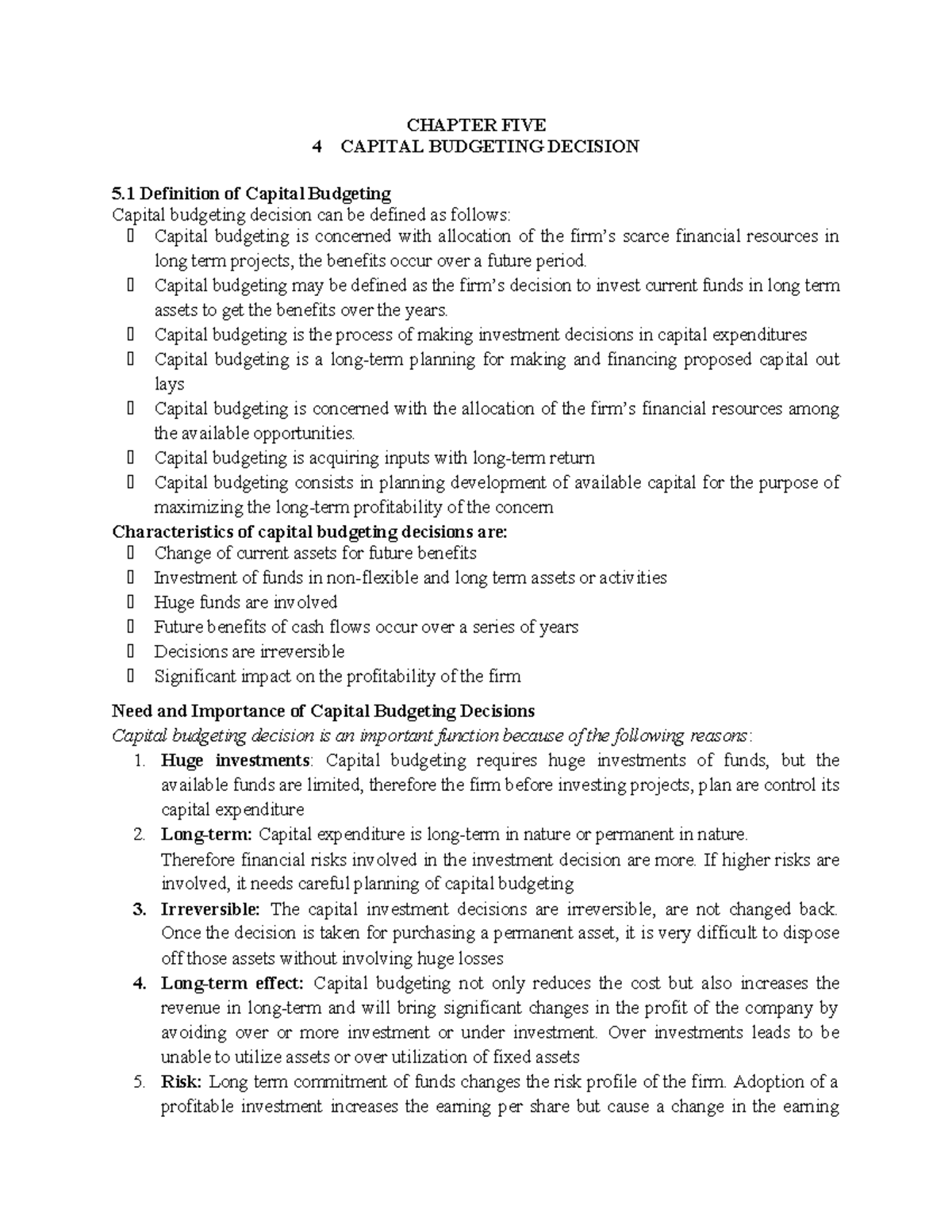 FM CH5 - CHAPTER FIVE 4 CAPITAL BUDGETING DECISION 5 Definition of ...