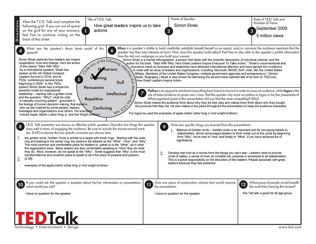 Ted Talk Analysis Worksheet TED Talk View the T E Talk and complete