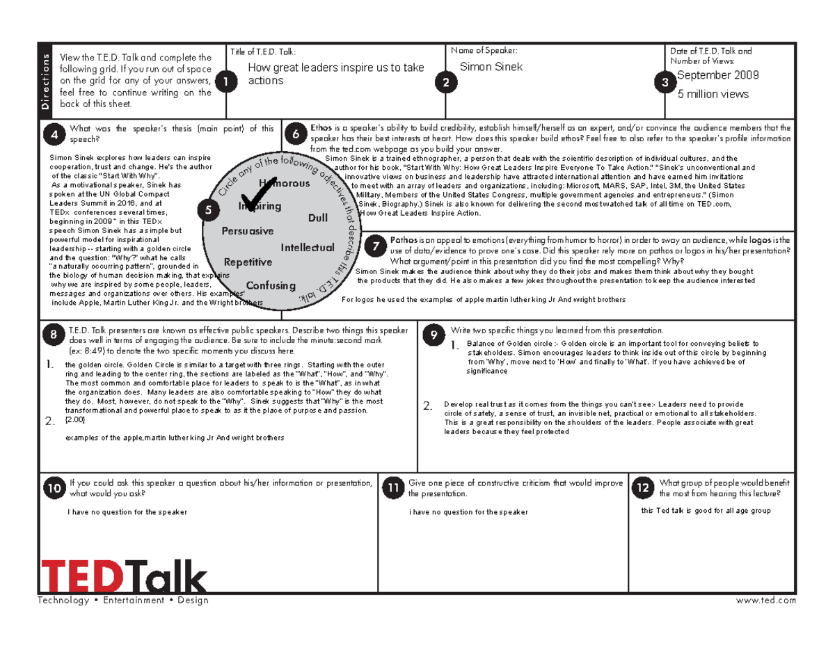 Ted Talk Analysis Worksheet - TED Talk View the T.E. Talk and complete the  following grid. If you - Studocu