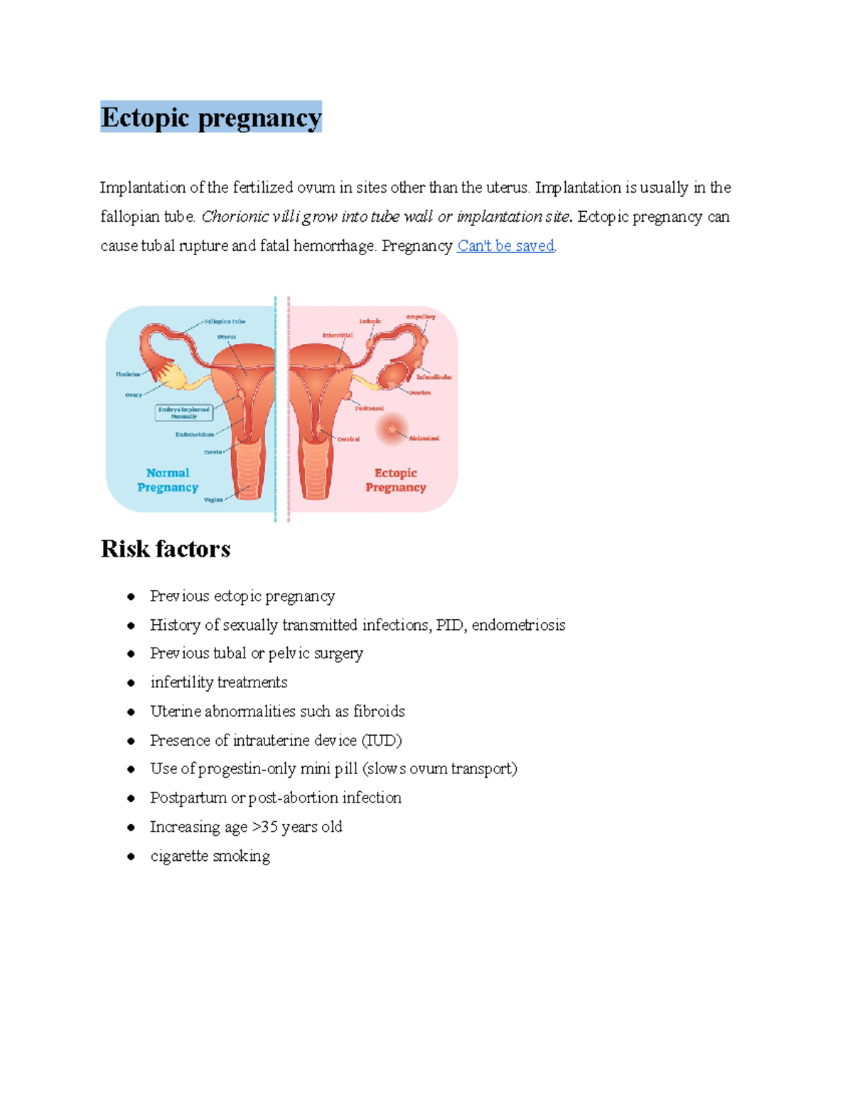 Notes - BMCC PROF. MATSON - Ectopic pregnancy Implantation of the ...