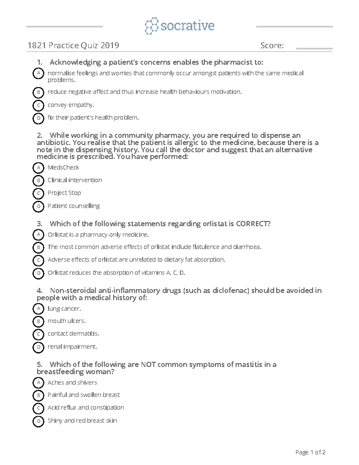 1821Practice Quiz Qs - Practise quiz - 1821 Practice Quiz 2019 Score: 1 ...