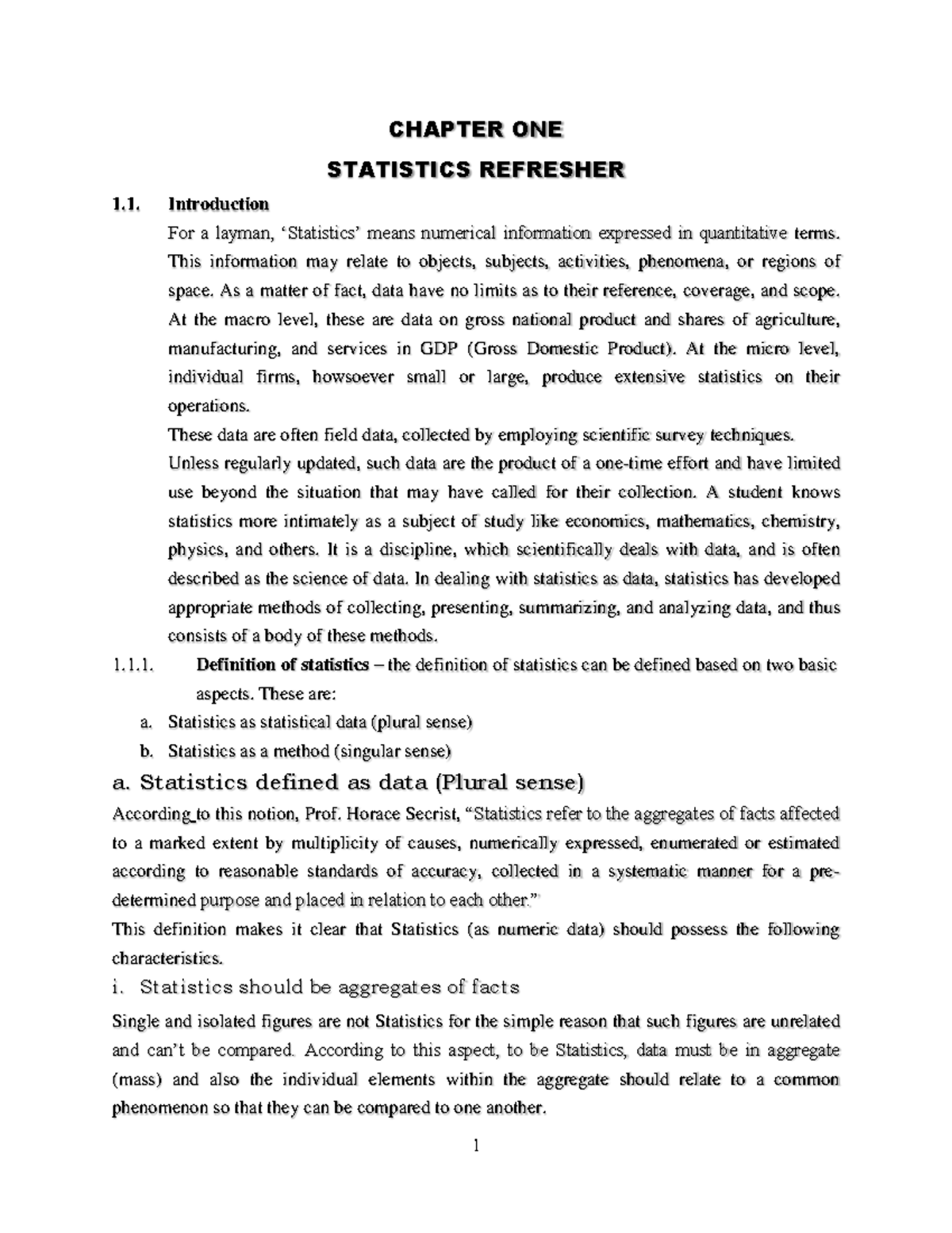 Chapter One 2022 - CHAPTER ONE STATISTICS REFRESHER ####### 1 ...