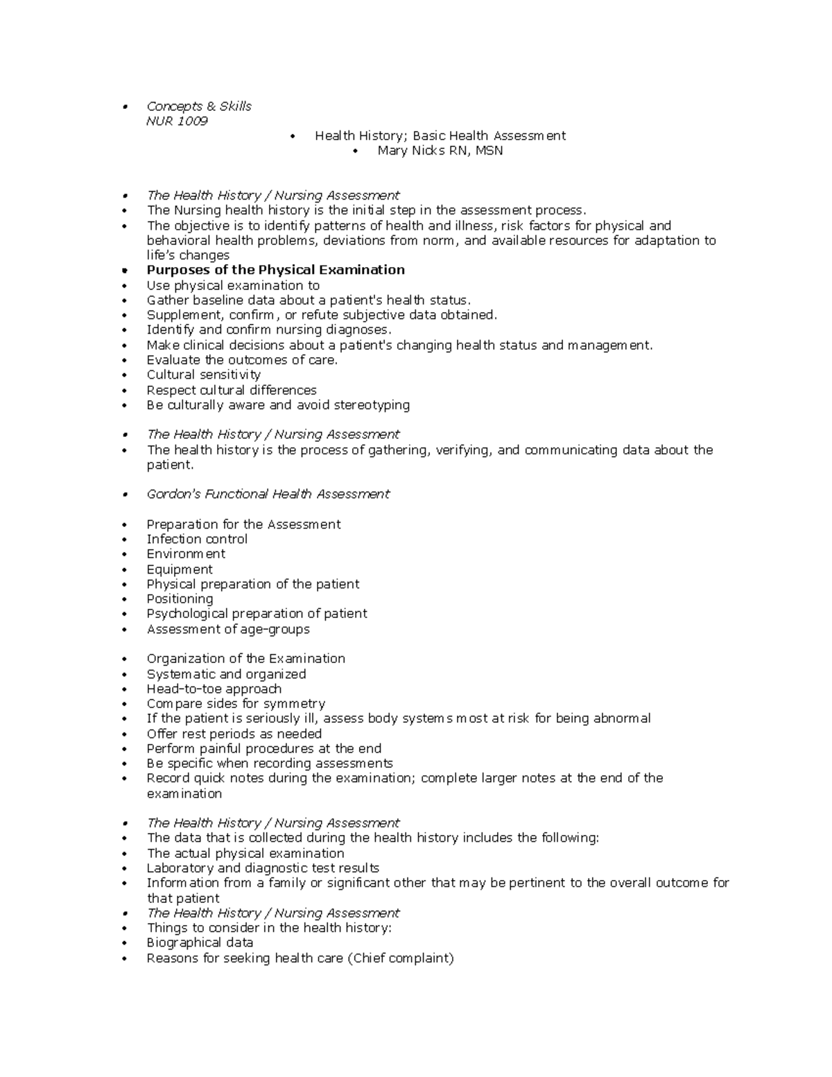 Physical Assessment Outline - Concepts & Skills NUR 1009 Health History ...