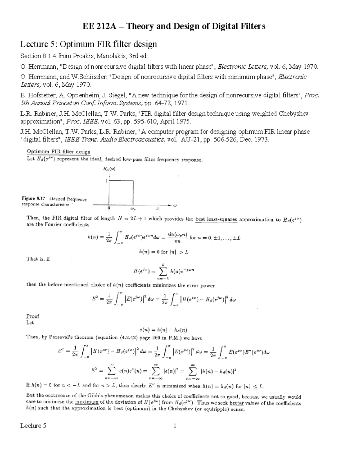212A 1 Lecture 5 Notes Prof Wilson Lecture 5 Optimum FIR filter