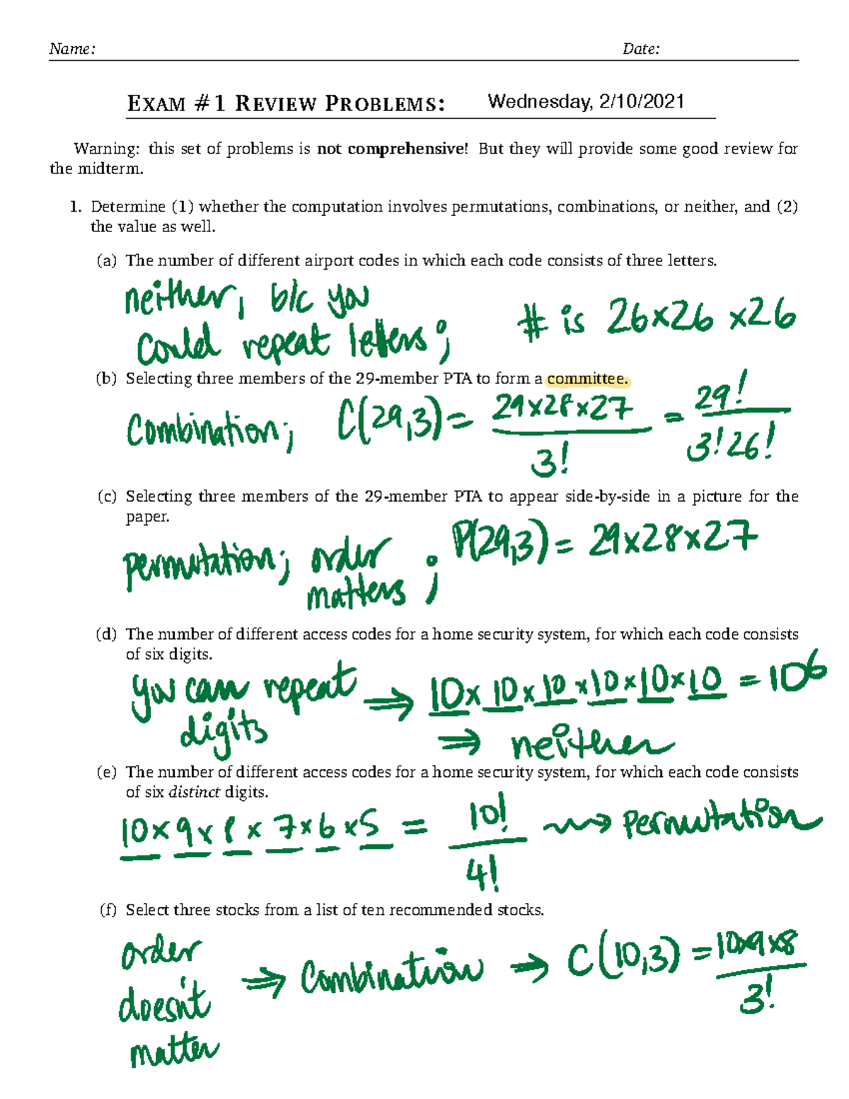 Exam1 Review Solutions - EXAM#1 REVIEWPROBLEMS:WEDNESDAY,9/9/ Warning ...