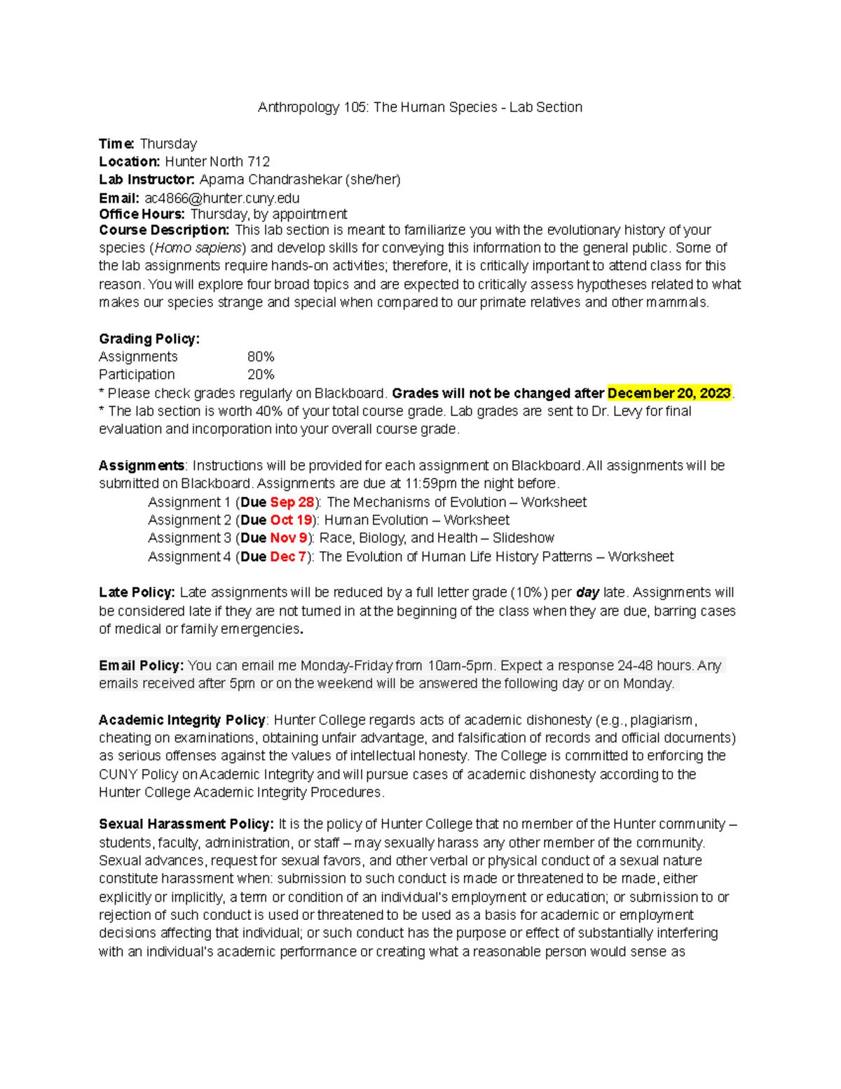 Syllabus ANTHP 105 Fall23 Thurs(1) - Anthropology 105: The Human ...