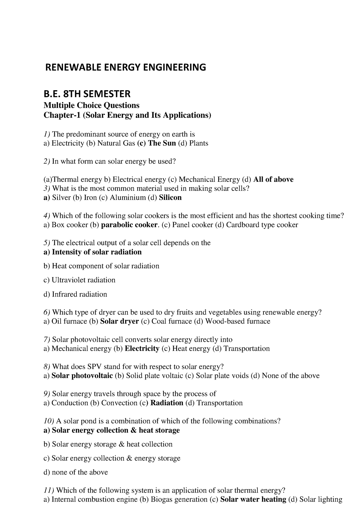 RES MCQ 3 - MCQ - RENEWABLE ENERGY ENGINEERING B. 8TH SEMESTER Multiple ...