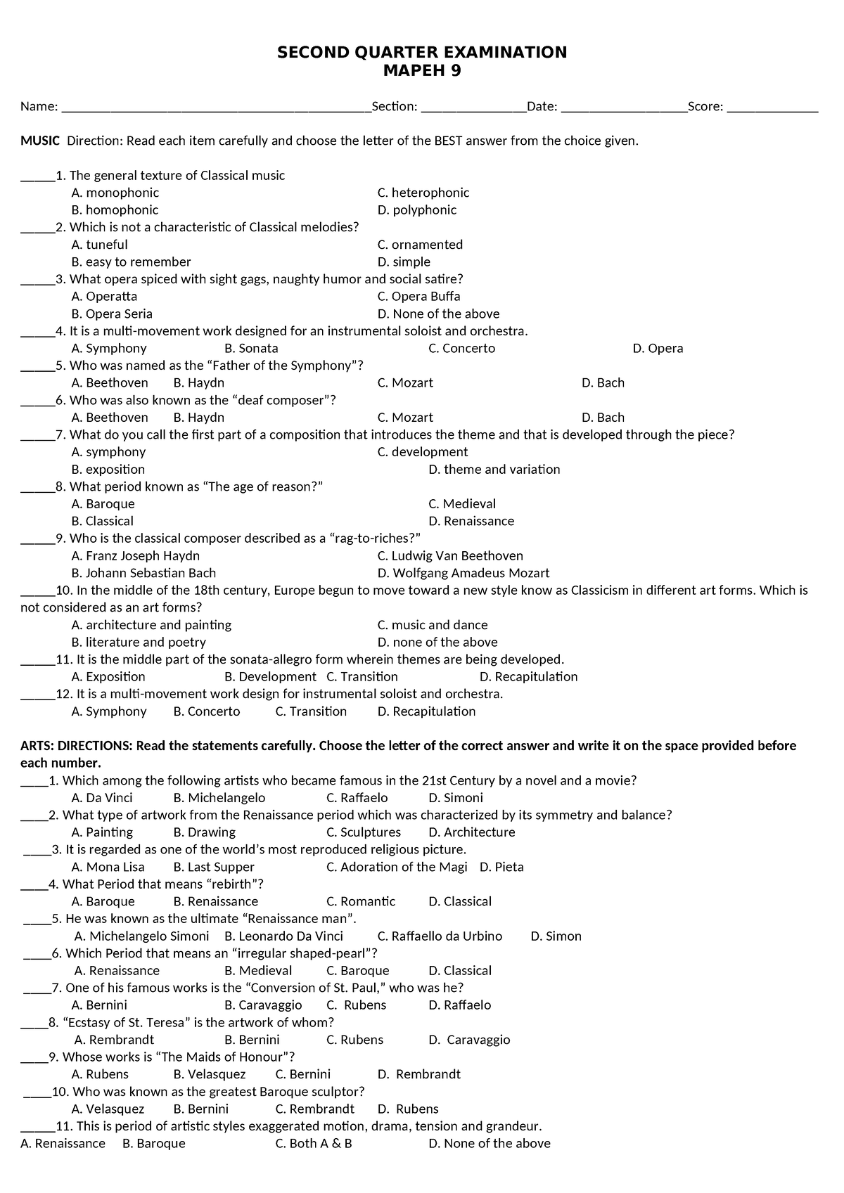 Mapeh 2ND Quarter EXAM - Copy - SECOND QUARTER EXAMINATION MAPEH 9 Name ...