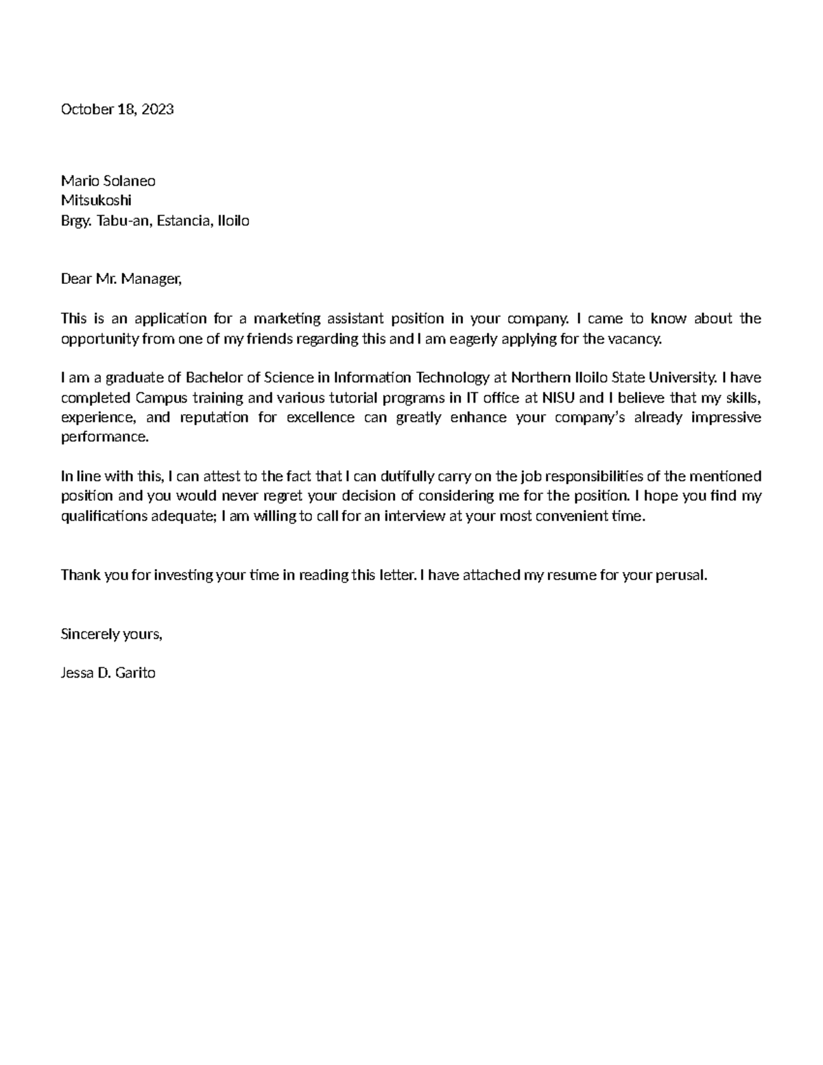 Application letter - good manners and right conduct. - Mario Solaneo ...