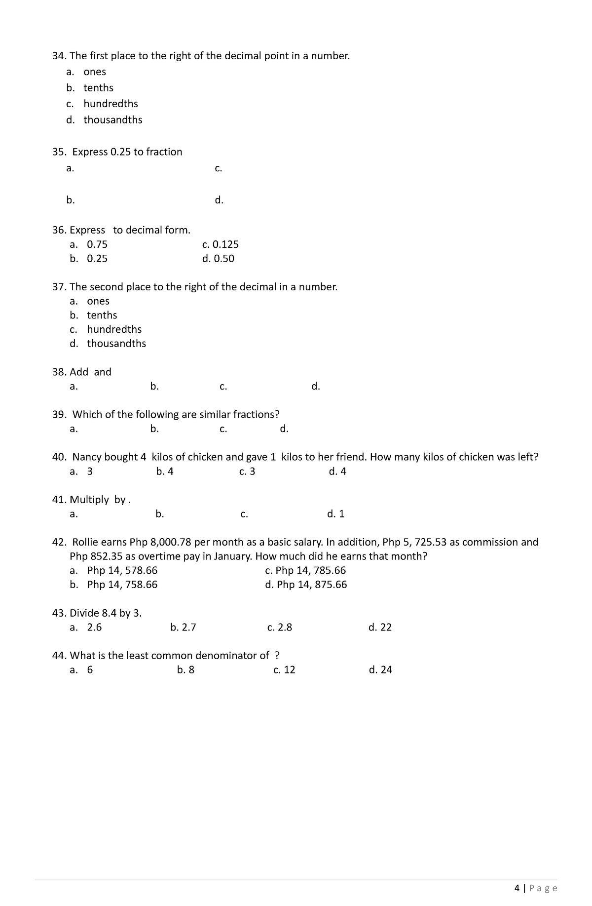 TOS Questionnaire - The first place to the right of the decimal point ...