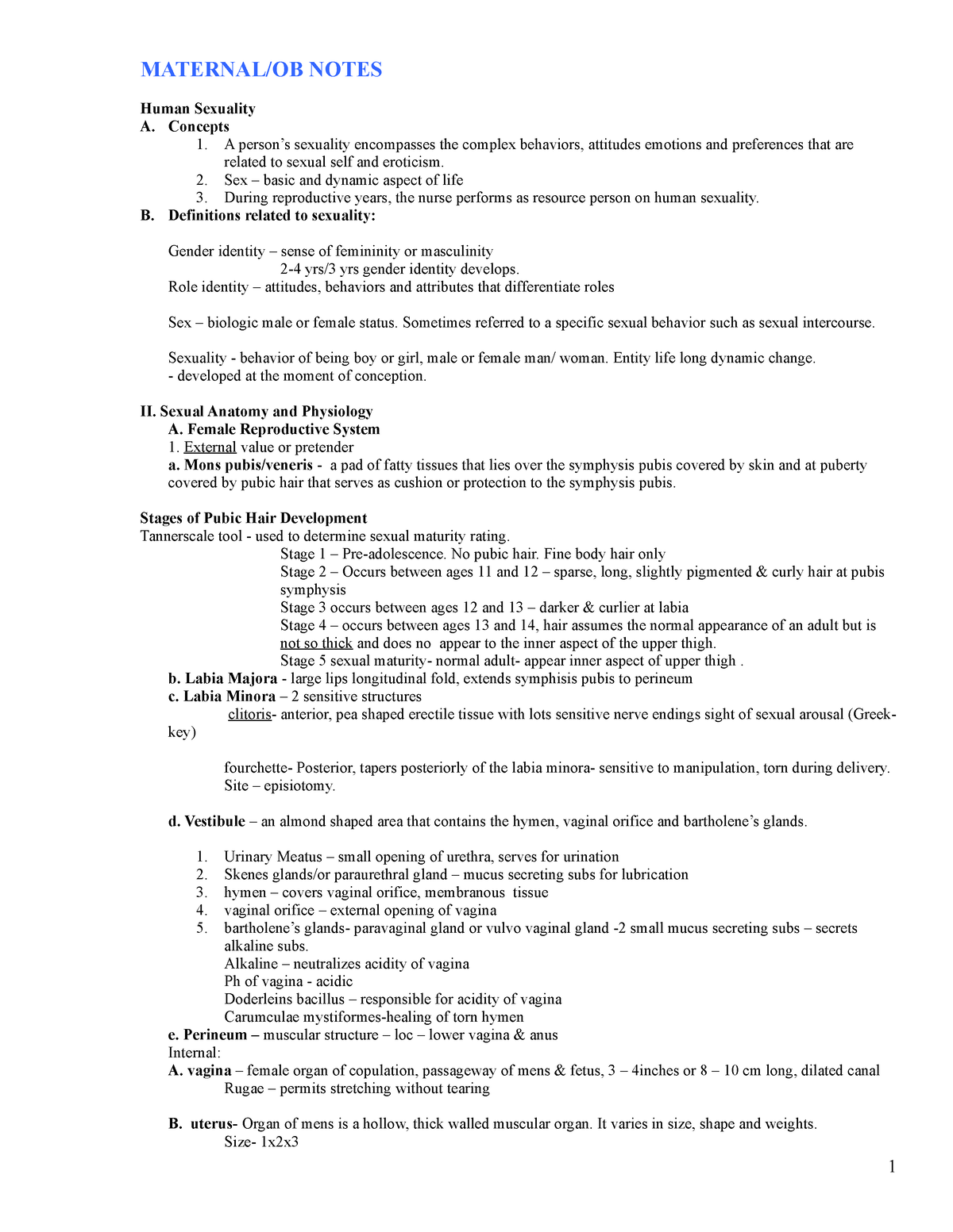 Maternal-OB Notes FOR Nursing - MATERNAL/OB NOTES Human Sexuality A ...