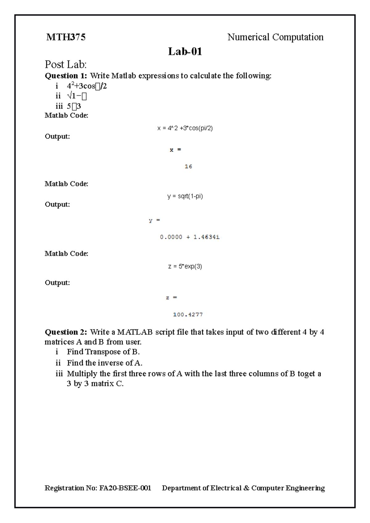 Format Lab Post Lab Question 1 Write Matlab expressions to