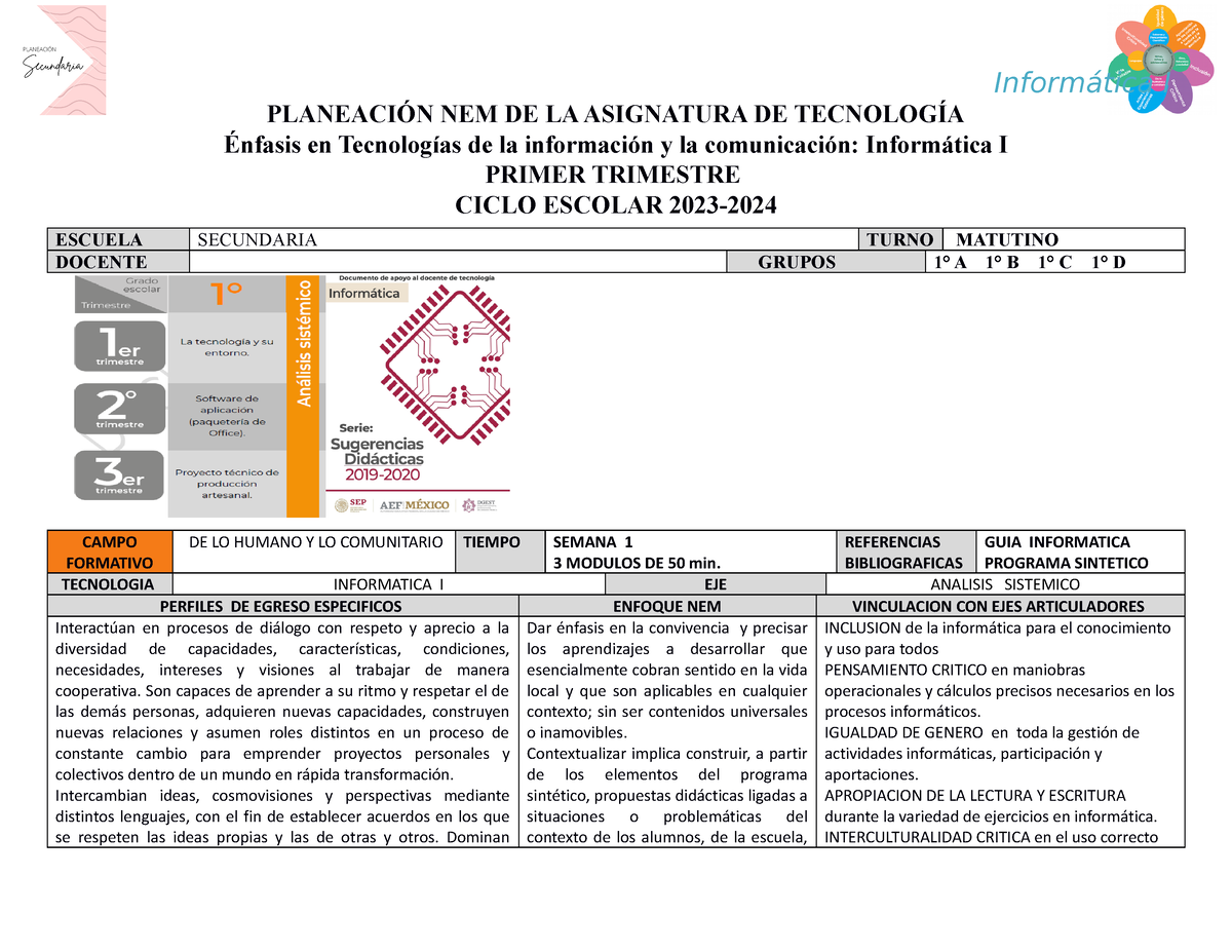 Informatica 1° Nem 2023 2024 Semana 1 P1 B PlaneaciÓn Nem De La Asignatura De TecnologÍa 7283