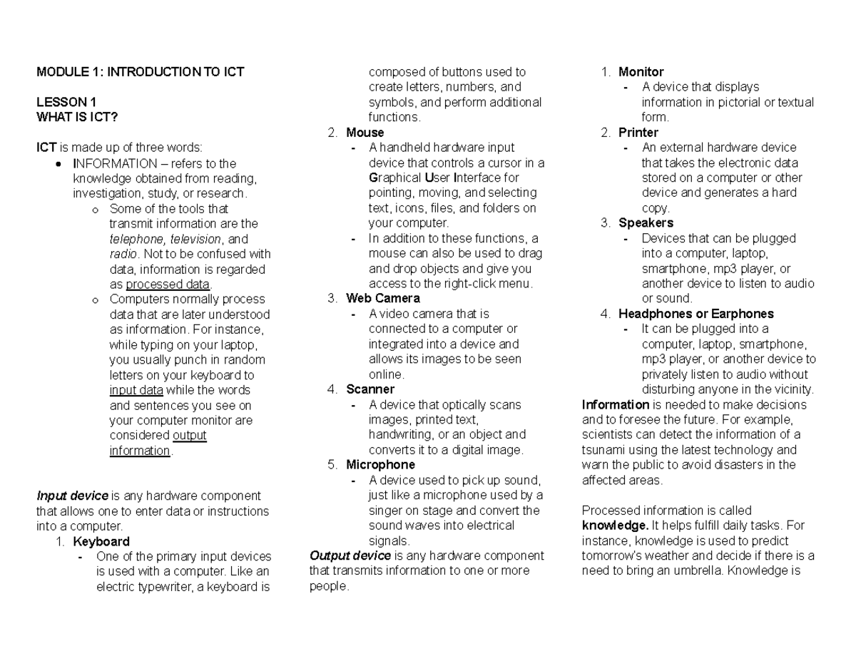 ELEC111 - Modules 1 and 2 - MODULE 1: INTRODUCTION TO ICT LESSON 1 WHAT ...