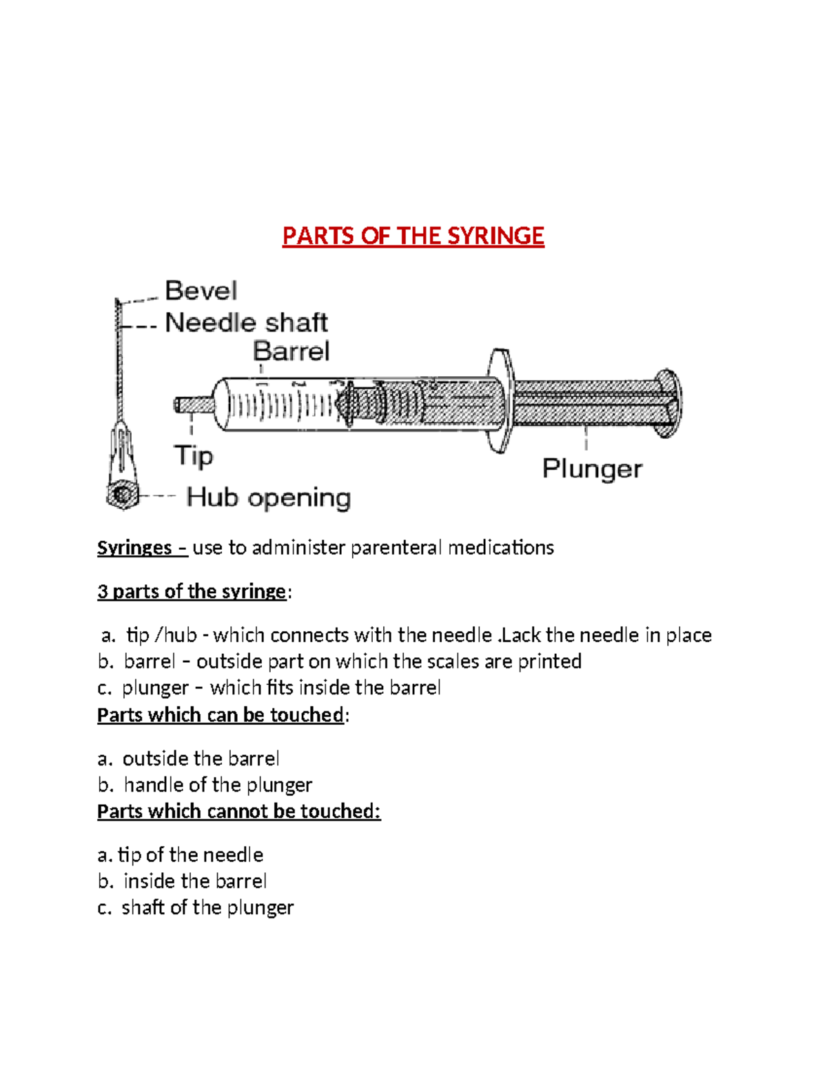 Parts OF THE Syringe AND Needle - PARTS OF THE SYRINGE Syringes – use ...