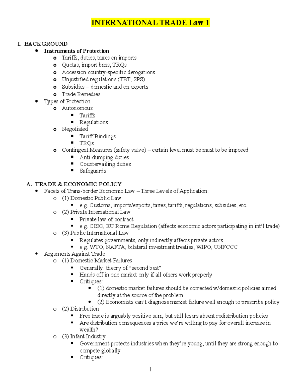 International Trade Law- Outline 1 - INTERNATIONAL TRADE Law 1 I ...