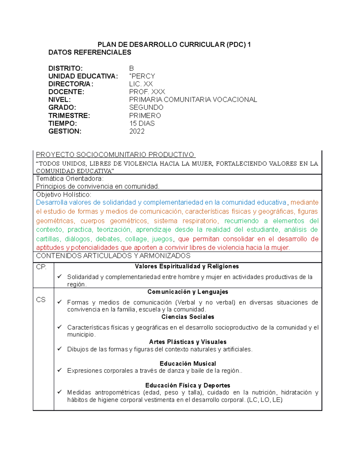 P.D.C. 1ER TRIM Primera Quincena - PLAN DE DESARROLLO CURRICULAR (PDC ...