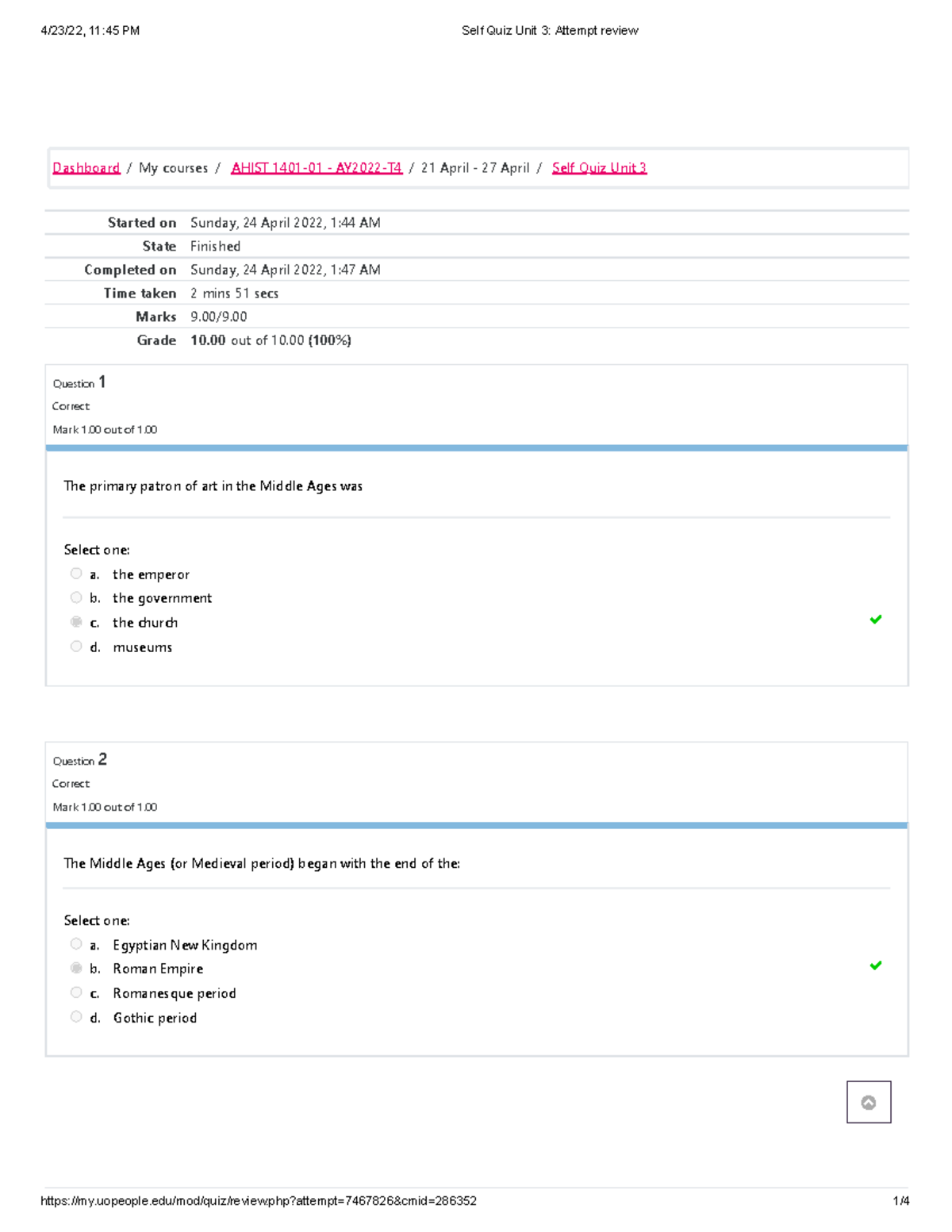 AHIST 1401 Self Quiz Unit 3 - Started On Sunday, 24 April 2022, 1:44 AM ...