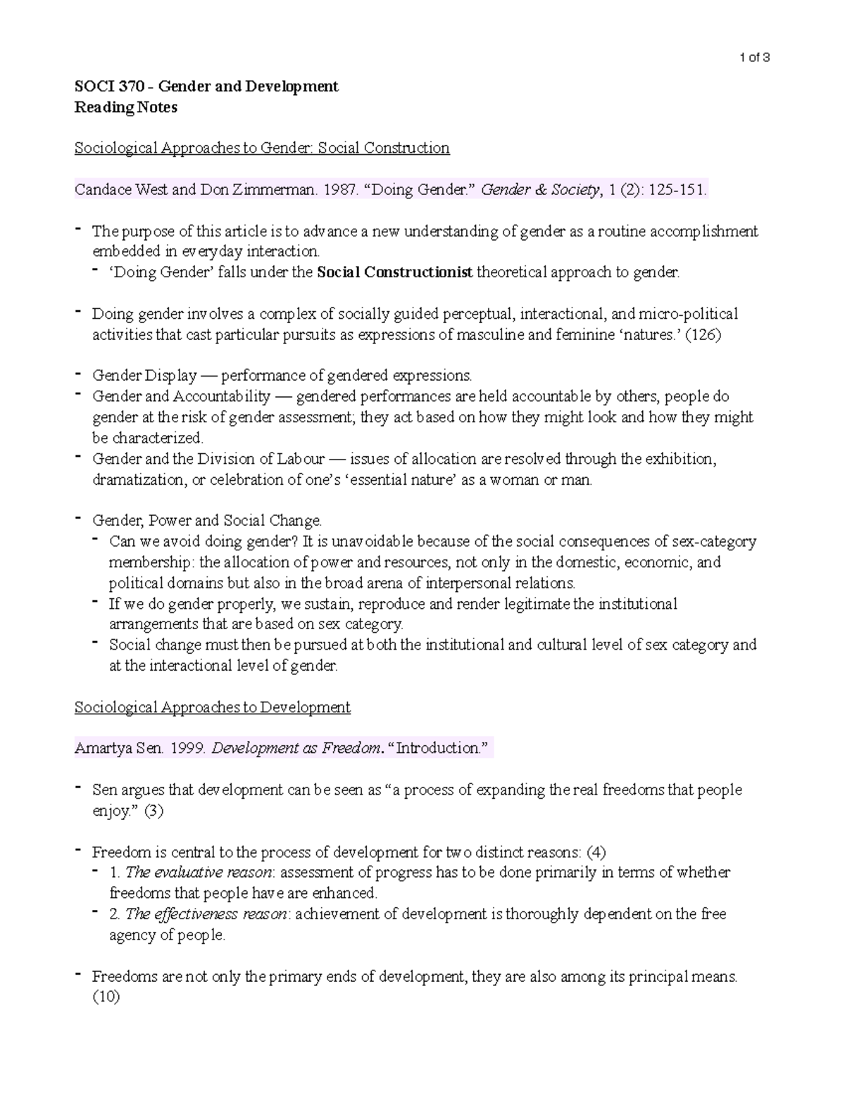 SOCI 370 - Reading Notes - 1 Of 3 SOCI 370 - Gender And Development ...